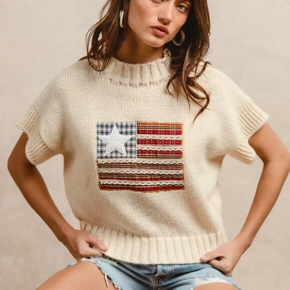BiBi American Flag Patchwork Drop Shoulder‎ Sweater - Picture 8 of 15